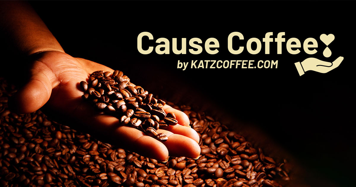 Picture of hand holding coffee beans with Cause Coffee logo